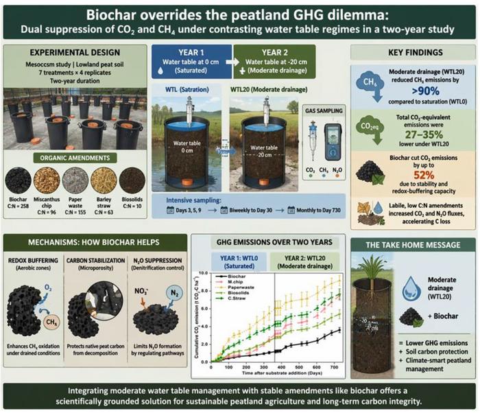 Biochar mitigates the peatland GHG dilemma under contrasting water table regimes: phase-dependent responses of CO2 and CH4 over a two-year study