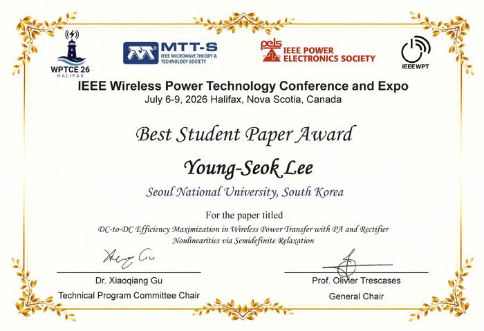 Certificate for the IEEE WPTCE Best Student Paper Award