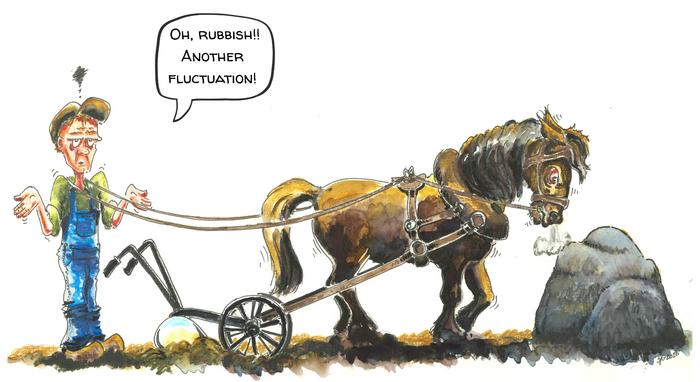 Illustration of a plowing workhorse (qubit) with obstacles (fluctuations) in the field