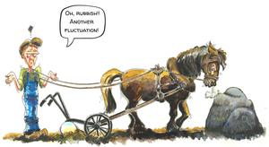 Illustration of a plowing workhorse (qubit) with obstacles (fluctuations) in the field