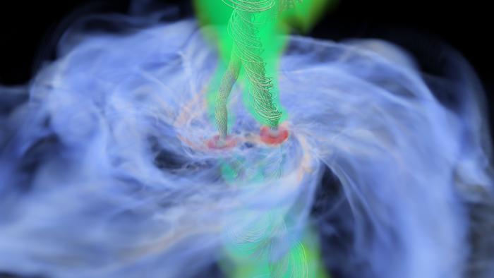 Visualization of gas flows around a binary protostar system calculated by ATERUI III