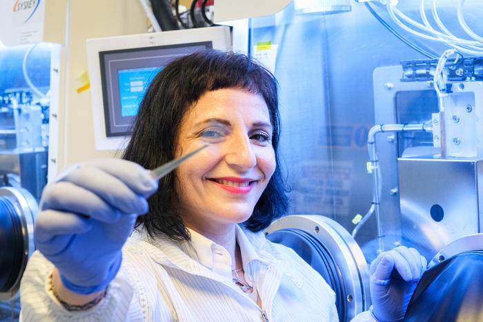 NTU Assoc Prof Annalisa Bruno seeing through the ultrathin perovskite solar cell which is just 10 nanometres.
