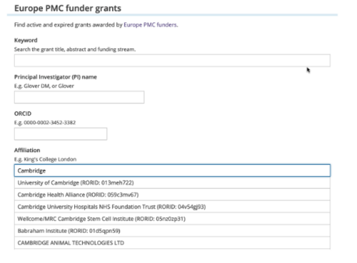 Screenshot of EuropePMC GrantFinder