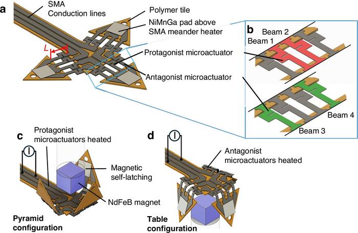 Layout of the reprogrammable origami-inspired microactuator system consisting of a centrally located polymer tile and three movable polymer tiles.