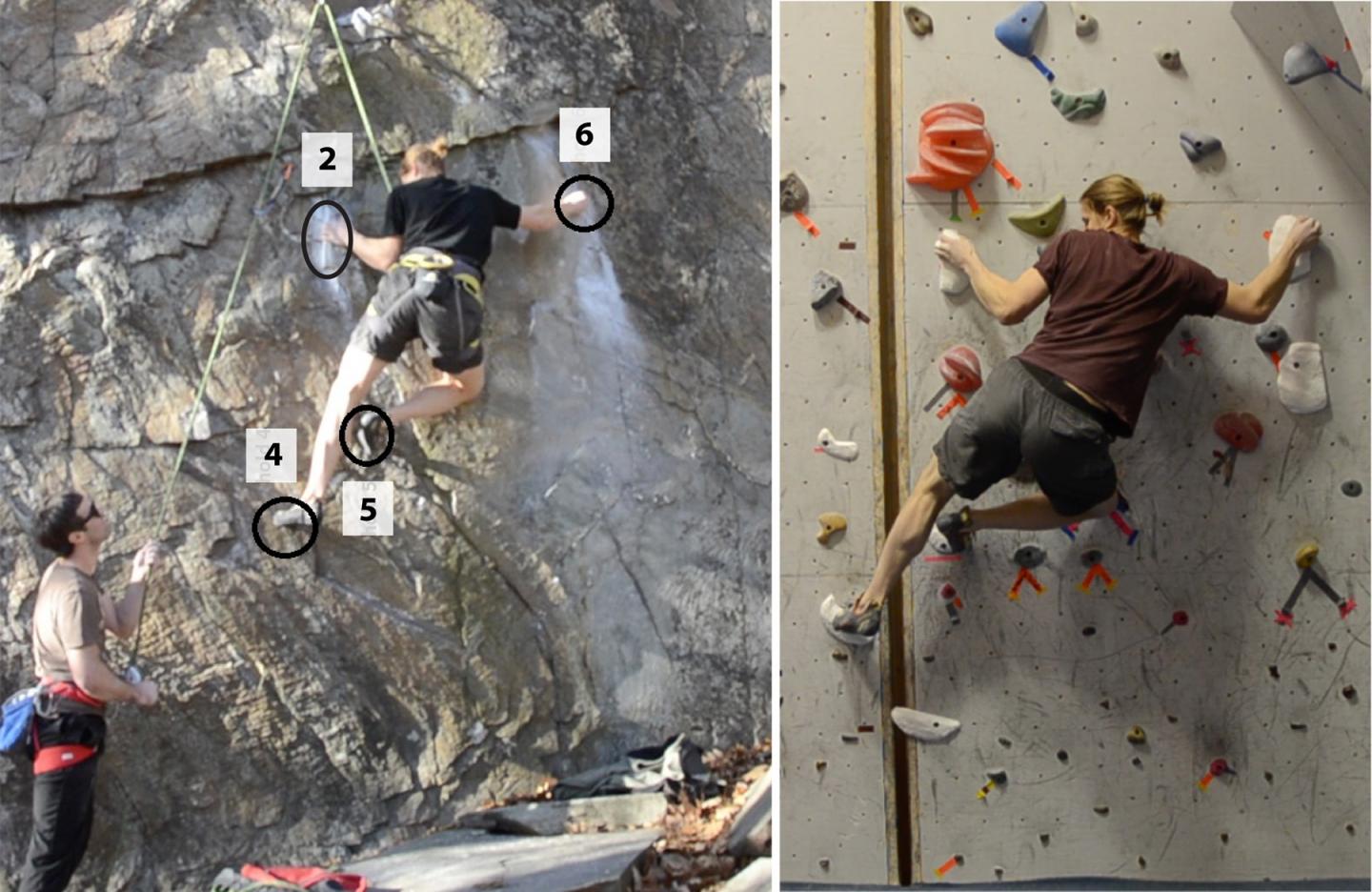 Crux of an Outdoor Climbing Route (Left)  Vs. One Using Fabricated Holds (Right)