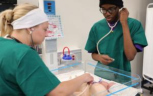 Students practice listening to the heartbeat on a model baby.