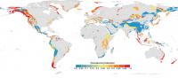 Map of the proportion of all elevations meeting current conservation targets for 1,010 mountain ranges worldwide.