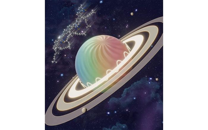 Schematic illustration of circular radial laser emission from a twisted bipolar sphere, inspired by Saturn and its rings.