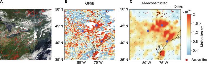 Comparison of GF-5B satellite retrievals (B) and AI-reconstructed HCHO VCDs (C), alongside the corresponding satellite imagery (A).