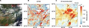 Comparison of GF-5B satellite retrievals (B) and AI-reconstructed HCHO VCDs (C), alongside the corresponding satellite imagery (A).