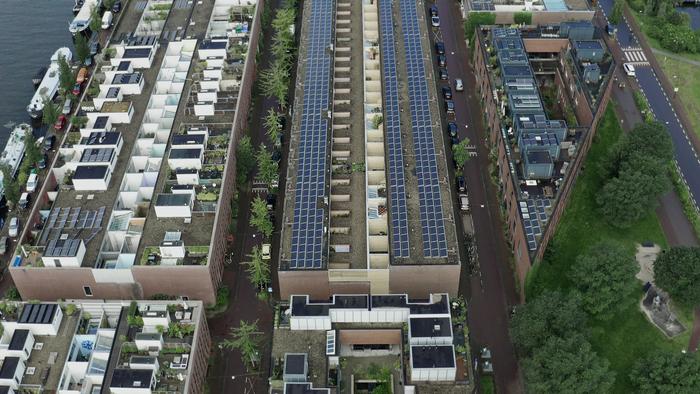 Solar panels on the roofs of buildings in Sporenburg, Amsterdam