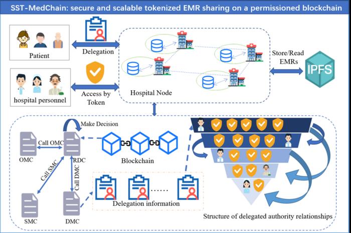 SST-MedChain decouples on-chain authorization from off-chain EMR storage. Patients delegate offline, doctors use one-time tokens, and blockchain records token states, re-delegation lineage, and audit logs.
