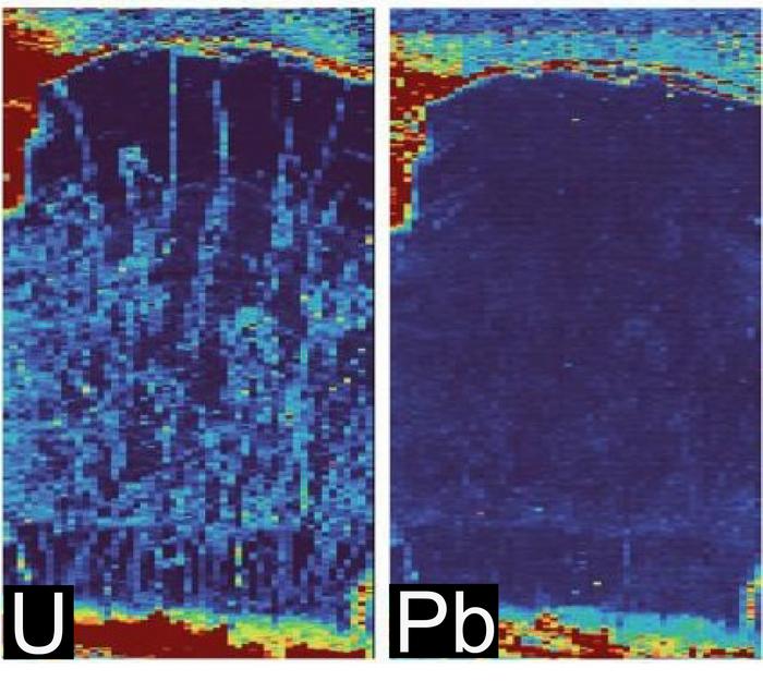 Comparative elemental map of isotopes uranium (U) and lead (Pb) of fossil eggshell collected from Cedar Mountain Formation, Utah.