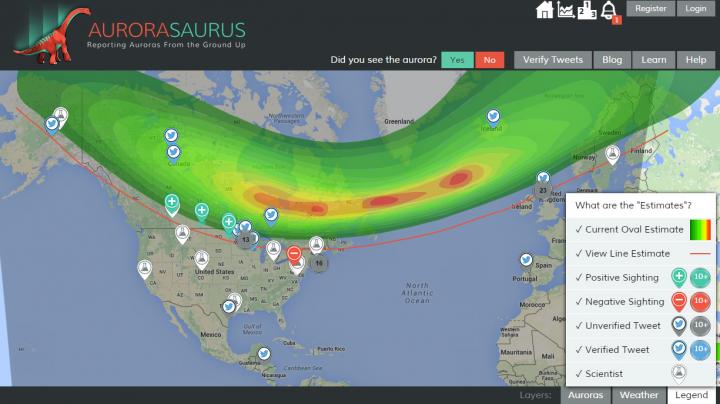 A Screenshot of the Aurorasaurus Map