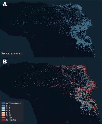 Distribution of ICU beds across all Brazil and superimposition of the COVID-19 death distribution