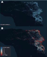 Distribution of ICU beds across all Brazil and superimposition of the COVID-19 death distribution