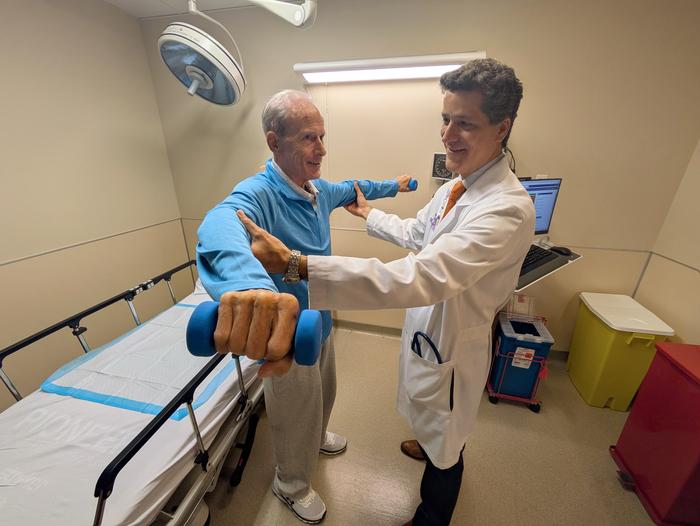Study senior author Dr. Andres Duarte (right) and transplant candidate Steven McGowan at Northwestern Medicine Organ Transplant Center in Chicago