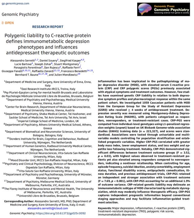 Polygenic liability to C-reactive protein defines immunometabolic depression phenotypes and influences antidepressant therapeutic outcomes