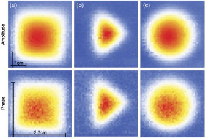 Fig. 1. First demonstration of electromagnetic induction imaging with an atomic magnetometer: EMI-AM amplitude and phase images of an Aluminium square, triangle and disk were reported in 2014.