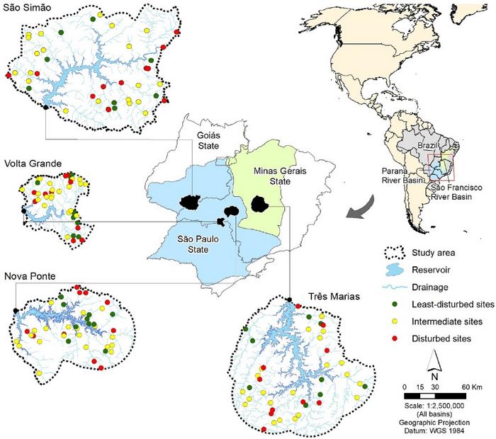Location of the stream sampling sites distributed across four hydrologic units, namely São Simão, Volta Grande, Nova Ponte, and Três Marias.