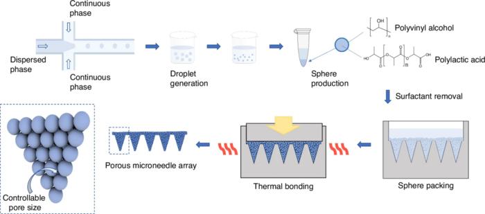 Fig. 1 | Fabrication process of porous MNs with controllable pore size using microspheres prepared by microfluidic technology.