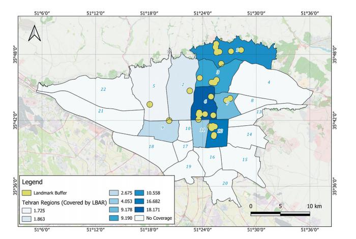 Analyzing the sustainable development of LBAR-DL landmark detection infrastructure in 22  districts of Tehran