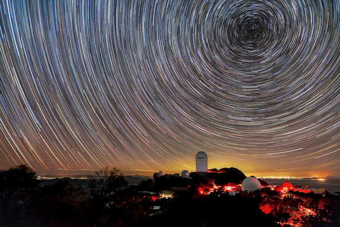 Star trails over DESI and the Kitt Peak National Observatory