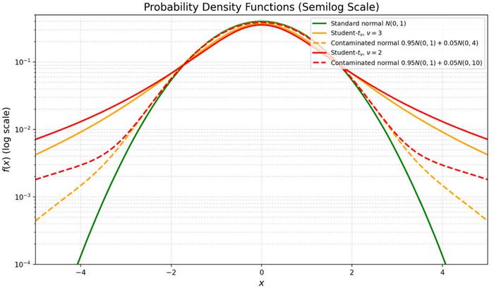 PDFs of the standard normal distribution (green), the Student-t_ν distribution for ν = 2 (red) and ν = 3 (orange), and the CN-distribution (1-ε) 𝒩(0,1) + ε 𝒩(0,c) for ε = 0.5, c = 4 (dashed orange) and c = 10 (dashed red).
