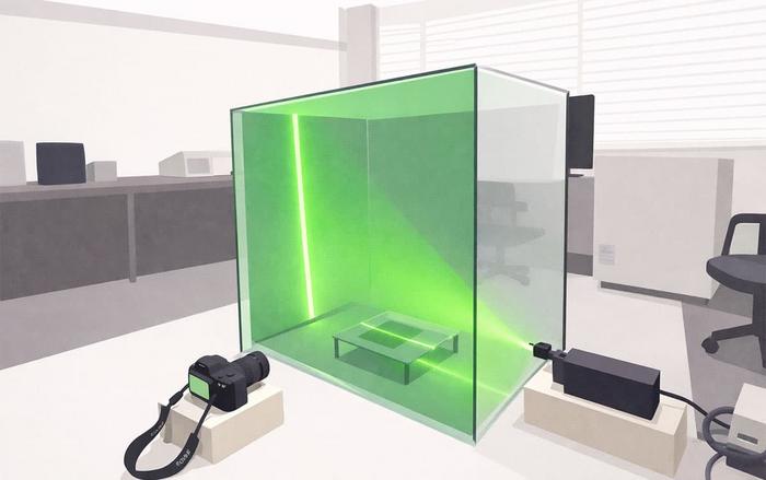 Laser visualization system for measuring acoustic streaming inside a transparent chamber, combining a PIV laser sheet and an ultrasonic phased-array transducer.