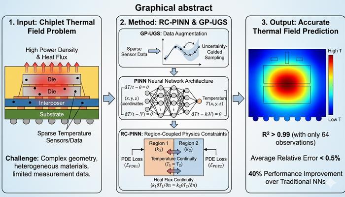 Graphical illustration of the RC-PINN framework combined with Gaussian process uncertainty-guided sampling (GP-UGS) for data-efficient thermal field inversion in chiplet-based packaging.