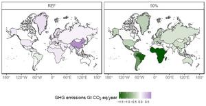 Change in emissions between 2050 and 2020 from agricultural and land use.