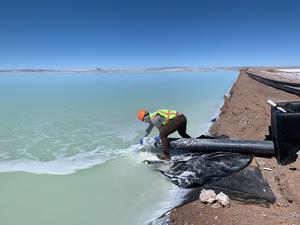 Sampling Evaporation Pond at the Salar de Uyuni