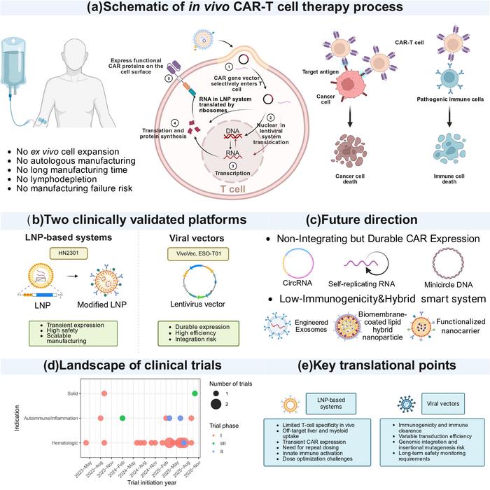 Emerging platforms, clinical progress and key translational points for in vivo CAR-T therapy.