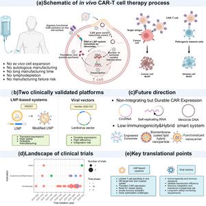 Emerging platforms, clinical progress and key translational points for in vivo CAR-T therapy.