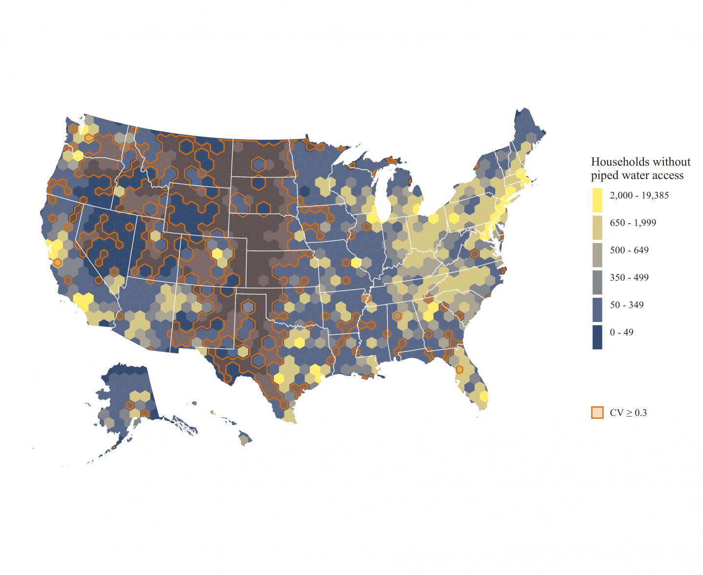 Map of Households Without Piped Water Access in the USA, 2013-2017