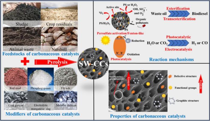 Solid waste-derived carbonaceous catalysts for environmental and energy applications