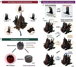 Modular assembly, shape-morphing, and recycling of 3D-printed PSN and MPSNs.