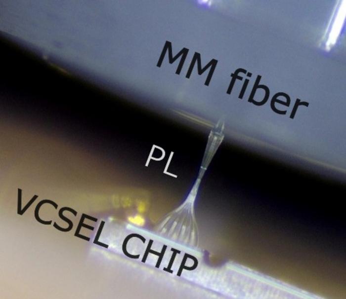 Microscope image of record size and scale multiplexing system with multimode VCSEL chip – Photonic Lantern – multimode fiber