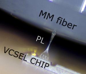 Microscope image of record size and scale multiplexing system with multimode VCSEL chip – Photonic Lantern – multimode fiber