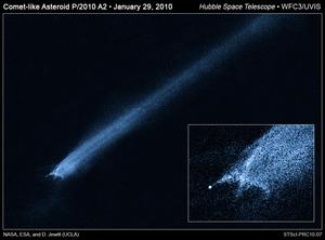 Collision between asteroids as seen by the Hubble Space Telescope