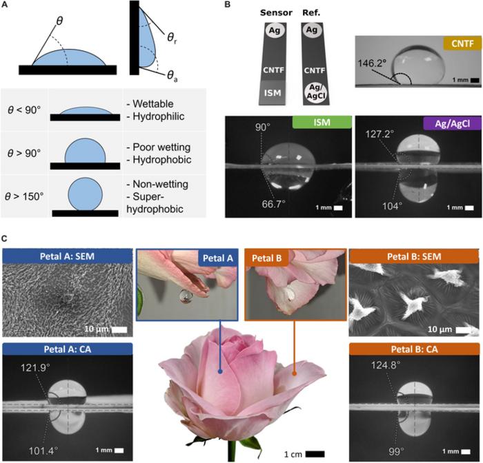 Contact angle (CA) characterization of sensor materials.