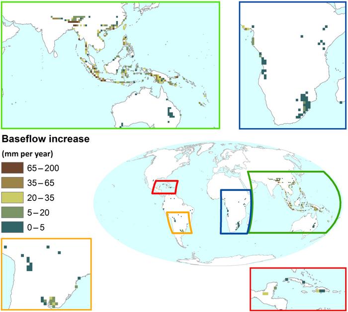Modeled increases in annual “baseflow” (mm·year−1) after reforesting all degraded land