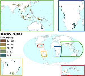 Modeled increases in annual “baseflow” (mm·year−1) after reforesting all degraded land
