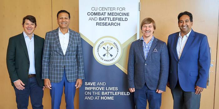 Ukrainian medical researcher Roman Fishchuk, MD, MSc (second from right) during a visit to the CU Center for Combat Medicine and Battlefield Research in November 2025.