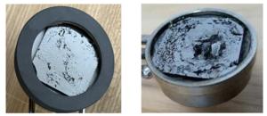 Picture of HOPG target before(left) and after 1.34×107μC beam dose bombardment(right).
