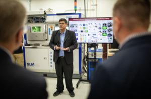 Prahalada Rao, associate professor of industrial and systems engineering, speaks in the Future Manufacturing Lab in Kelly Hall.