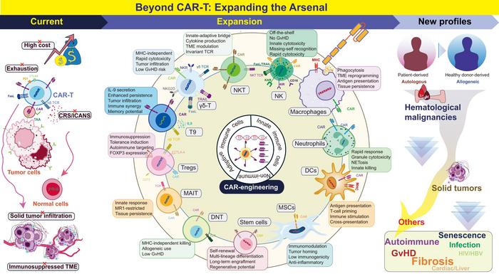 Evolution of CAR technology: from conventional CAR-T cells to diverse cellular platforms and clinical applications.