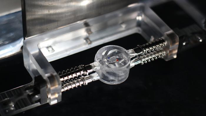 Micro-motor using water propulsion: In the transparent printed 3D part, the “float” (marked in red and blue) rotates on the water surface. (Photo: Cheng Zeng, SINANO)