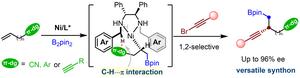 Nickel-catalyzed regio- and enantioselective borylalkynylation of inactive alkenes based on C–H⋯π interactions