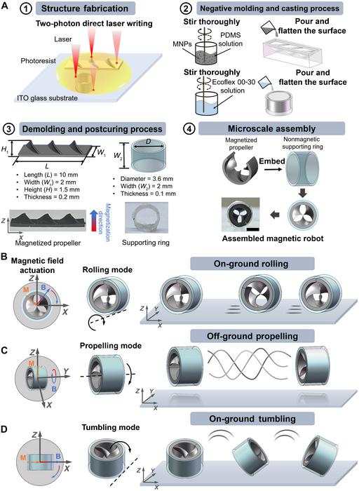 Fabrication and motion mechanism of the magnetically actuated shaftless propeller-like millirobot.